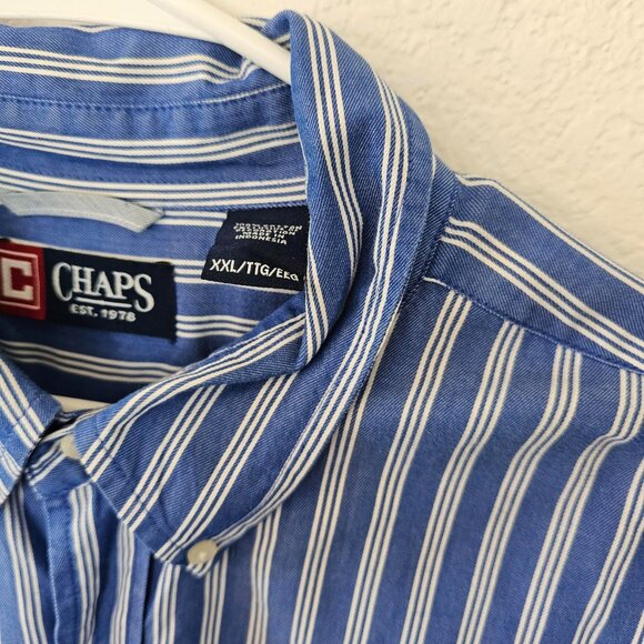 CHAPS Men's XXL Blue Striped Shirt 100% Cotton Long Sleeves Button Down - Picture 3 of 5
